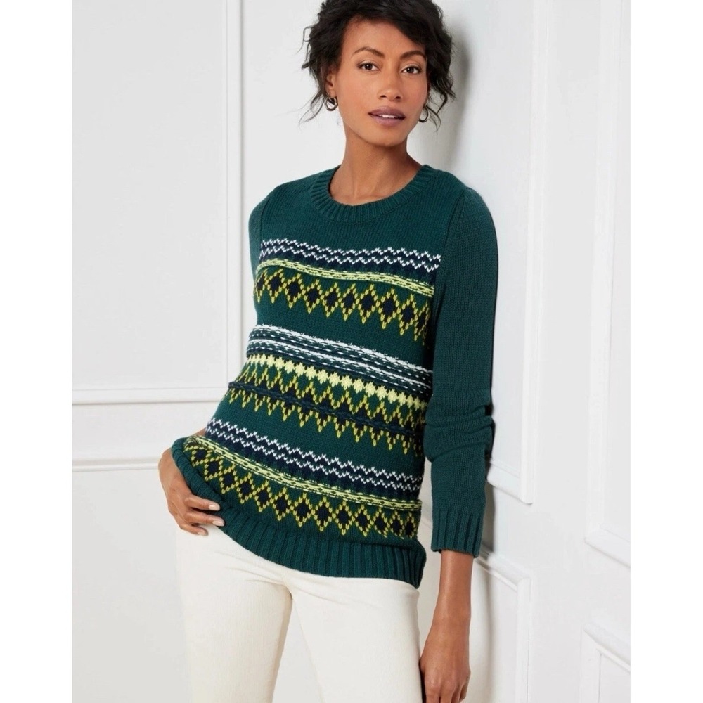 Talbots Crewneck Diamond Fair Isle Sweater Pullover Dark Green Sz Large Petite